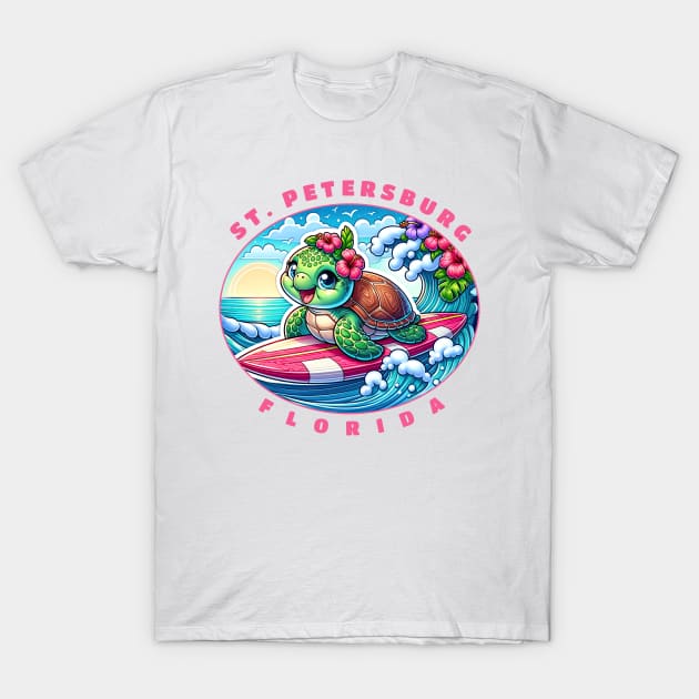 St. Peterburg Florida Girls Cute Surfing Sea Turtle T-Shirt by grendelfly73